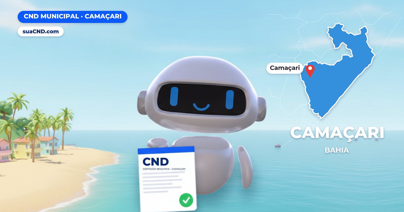 Mascote da suaCND segurando a CND Municipal de Camaçari, com o mapa de Camaçari e Praia de Arembepe, na Costa dos Coqueiros, em Camaçari (BA) ao fundo