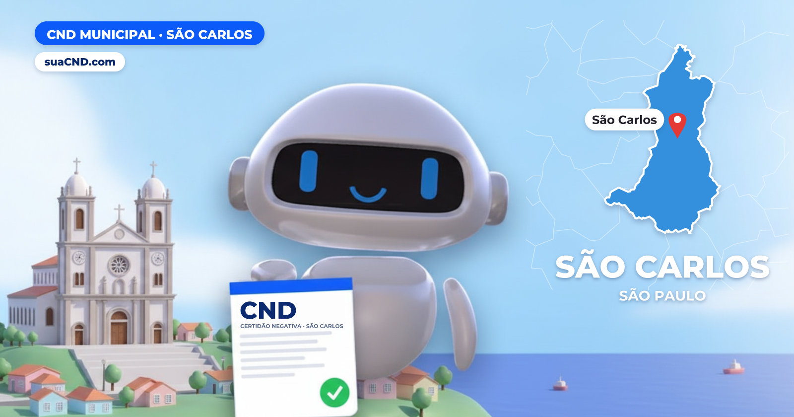 Mascote da suaCND segurando a CND Municipal de São Carlos, com o mapa de São Carlos e Catedral de São Carlos Borromeu, no centro de São Carlos ao fundo