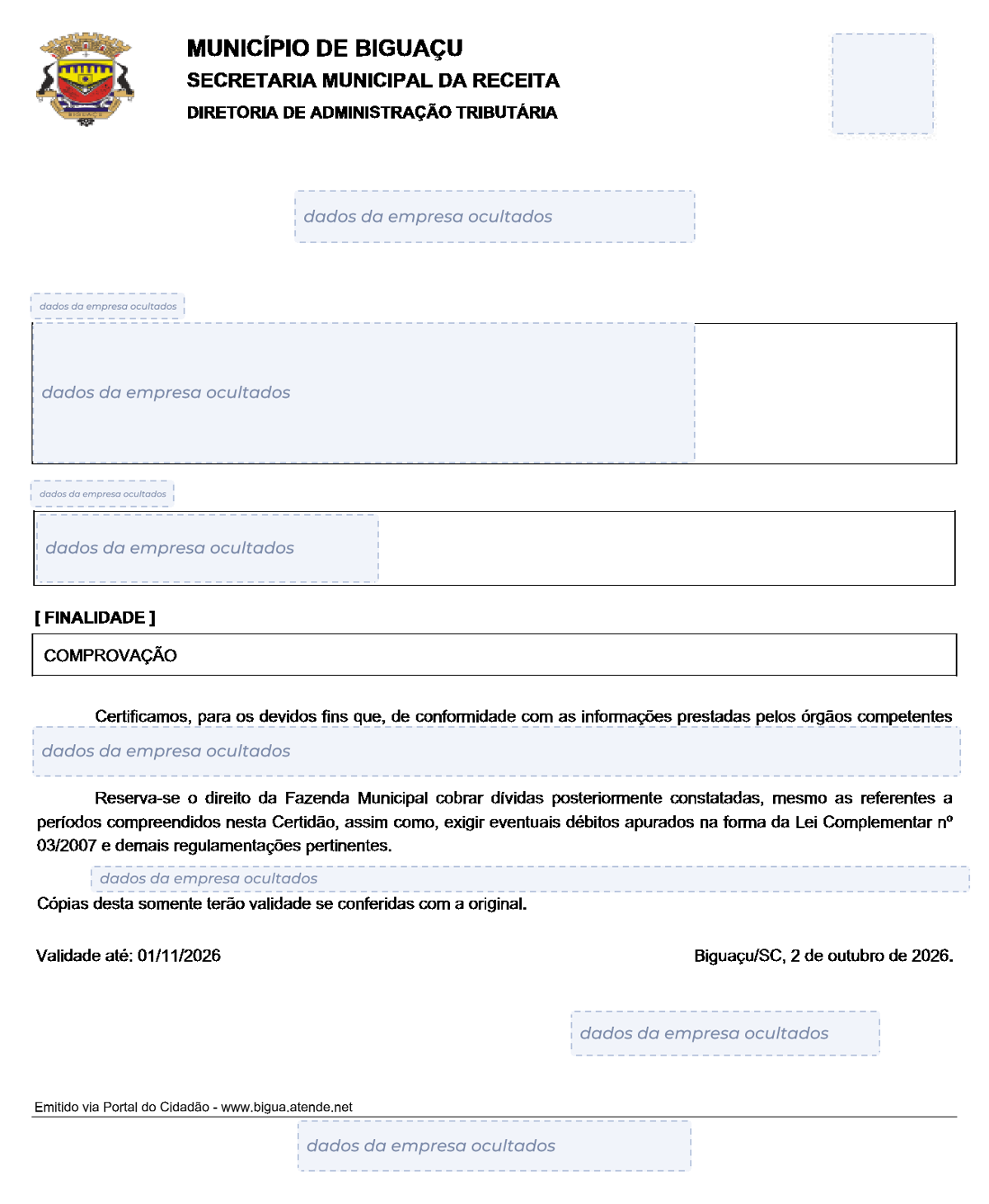Modelo de Certidão Negativa de Débitos da Prefeitura de Biguaçu, com os dados da empresa ocultados
