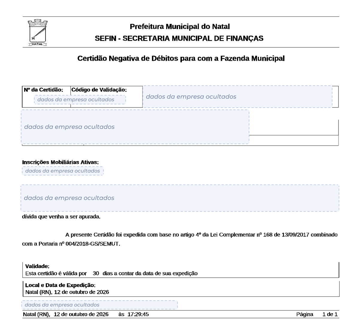 Modelo de Certidão Negativa de Débitos da Prefeitura de Natal, com os dados da empresa ocultados