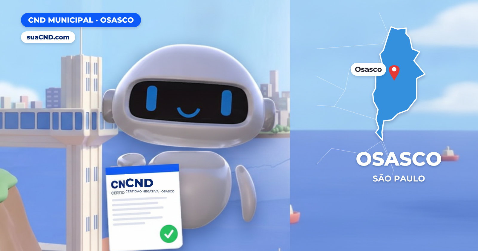 Mascote da suaCND segurando a CND Municipal de Osasco, com o mapa de Osasco e Ponte Metálica de Osasco (Viaduto Reinaldo de Oliveira) ao fundo