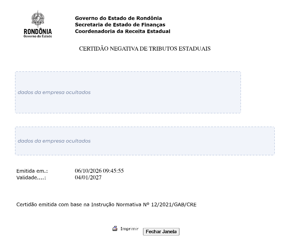 Modelo de Certidão Negativa de Débitos estaduais de Rondônia, com os dados da empresa ocultados