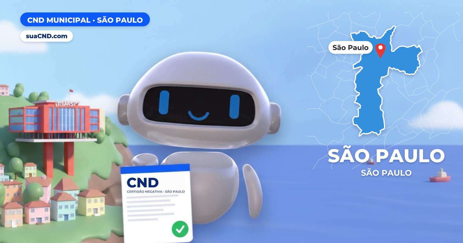 Mascote da suaCND segurando a CND Municipal de São Paulo, com o mapa de São Paulo e MASP, na Avenida Paulista, em São Paulo ao fundo