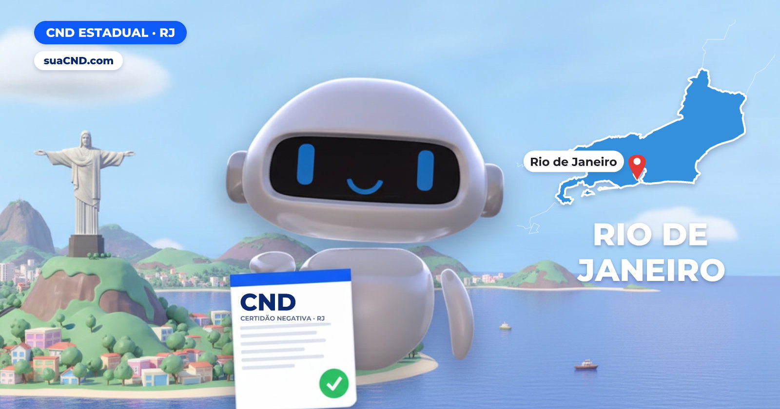 Mascote da suaCND segurando a CND Estadual, com o mapa do Rio de Janeiro e Cristo Redentor, no Corcovado, no Rio de Janeiro ao fundo