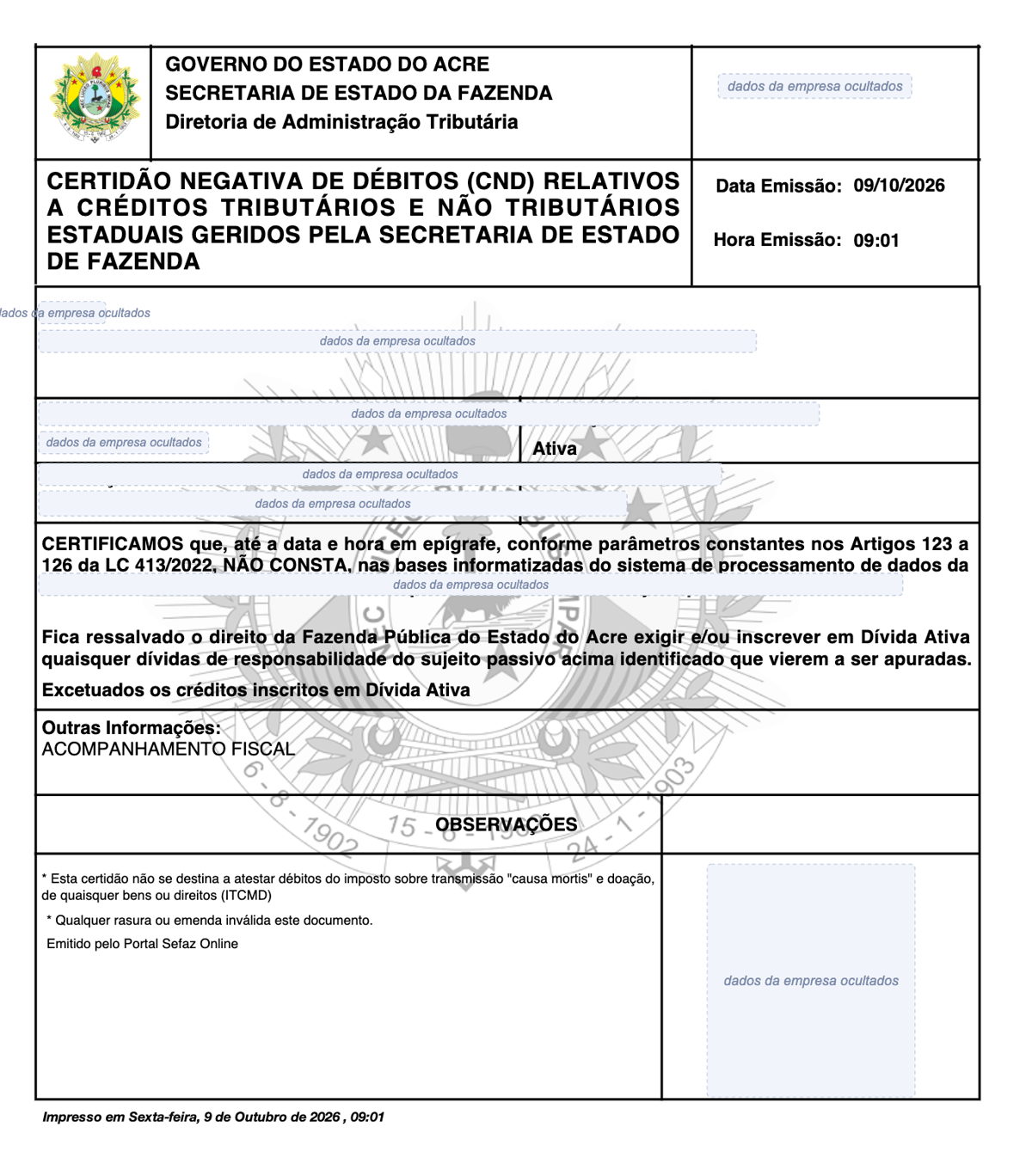 Modelo de Certidão Negativa de Débitos da SEFAZ do Acre, com os dados da empresa ocultados