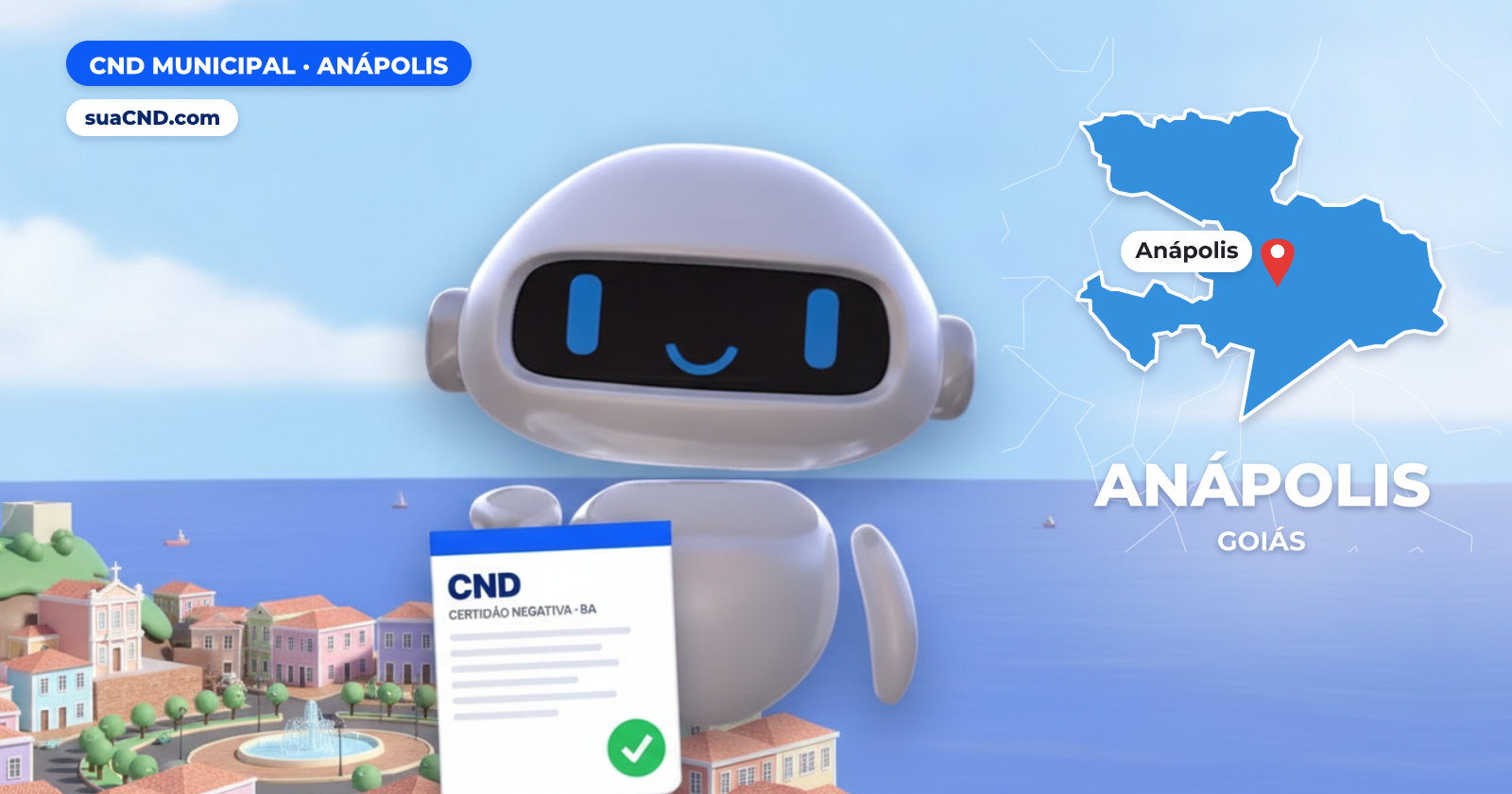Mascote da suaCND segurando a CND Municipal de Anápolis, com o mapa de Anápolis e Praça Bom Jesus, no centro de Anápolis ao fundo