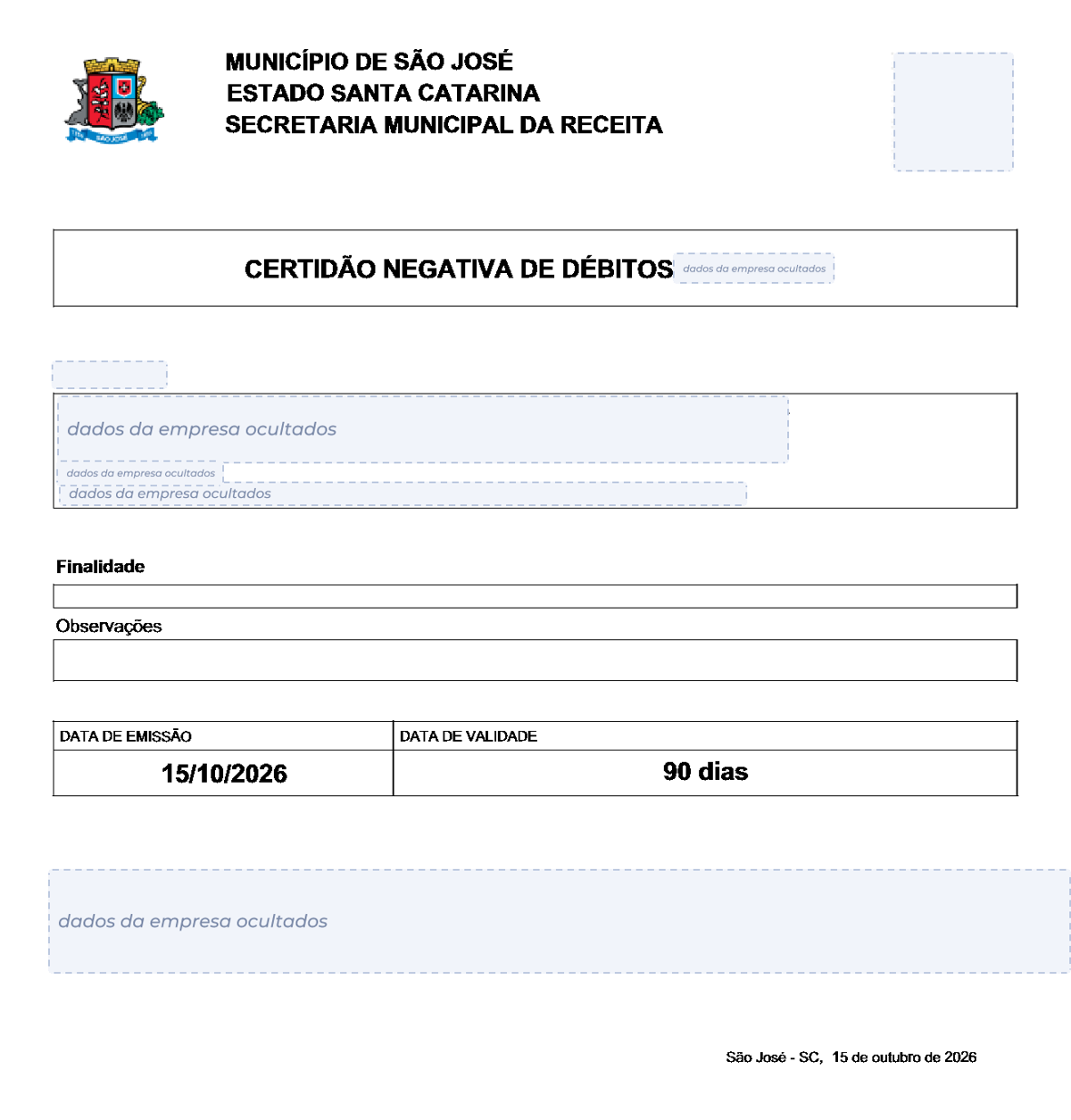 Modelo de Certidão Negativa de Débitos da Prefeitura de São José, com os dados da empresa ocultados