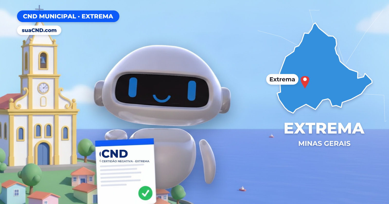 Mascote da suaCND segurando a CND Municipal de Extrema, com o mapa de Extrema e Igreja Matriz de Extrema (MG) ao fundo