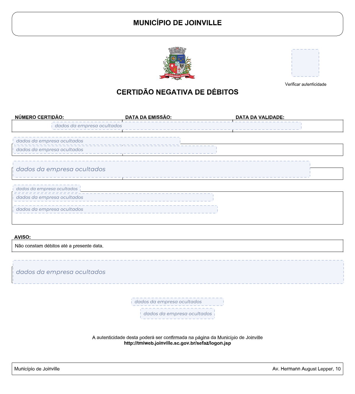 Modelo de Certidão Negativa de Débitos da Prefeitura de Joinville, com os dados da empresa ocultados