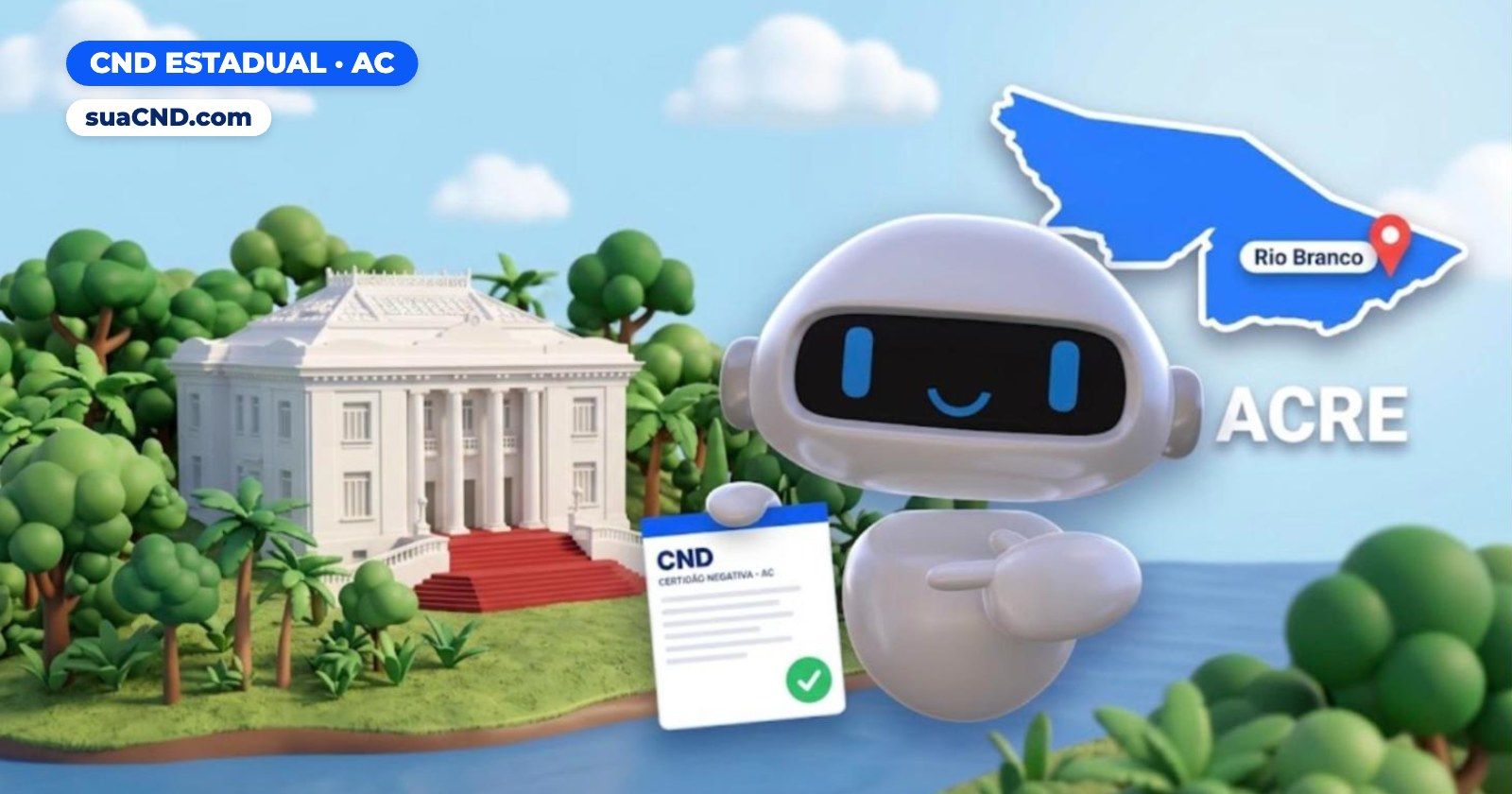 Mascote da suaCND com a CND estadual do Acre, o mapa do estado e o Palácio Rio Branco