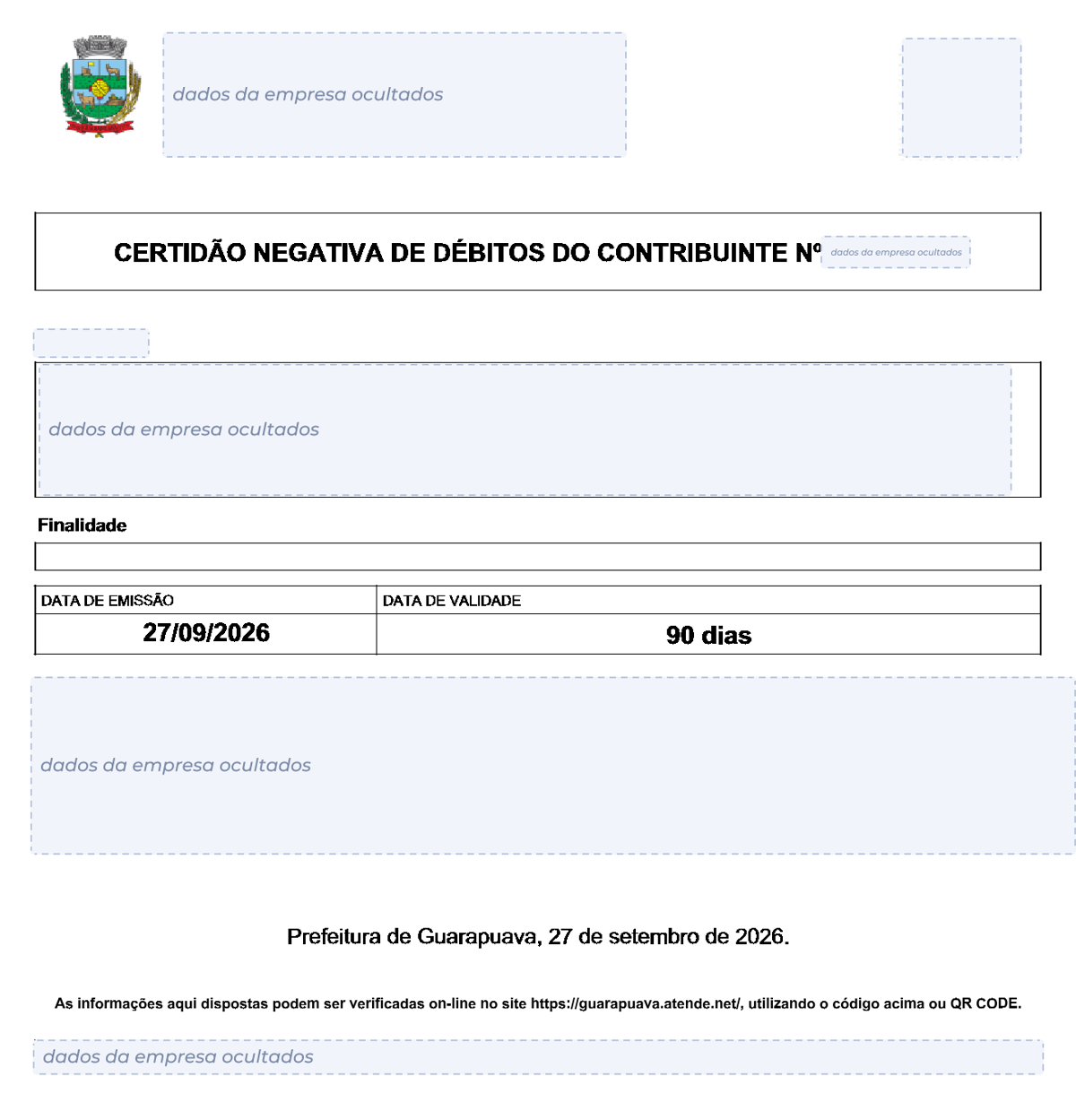 Modelo de Certidão Negativa de Débitos da Prefeitura de Guarapuava, com os dados da empresa ocultados