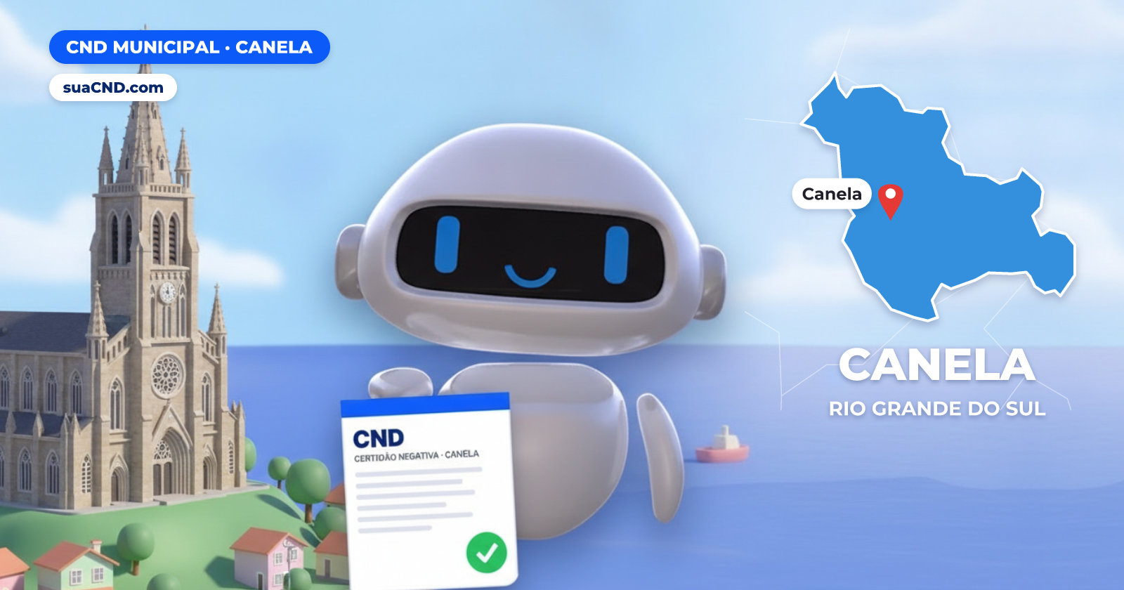 Mascote da suaCND segurando a CND Municipal de Canela, com o mapa de Canela e Catedral de Pedra (Igreja Matriz Nossa Senhora de Lourdes), Canela, RS ao fundo
