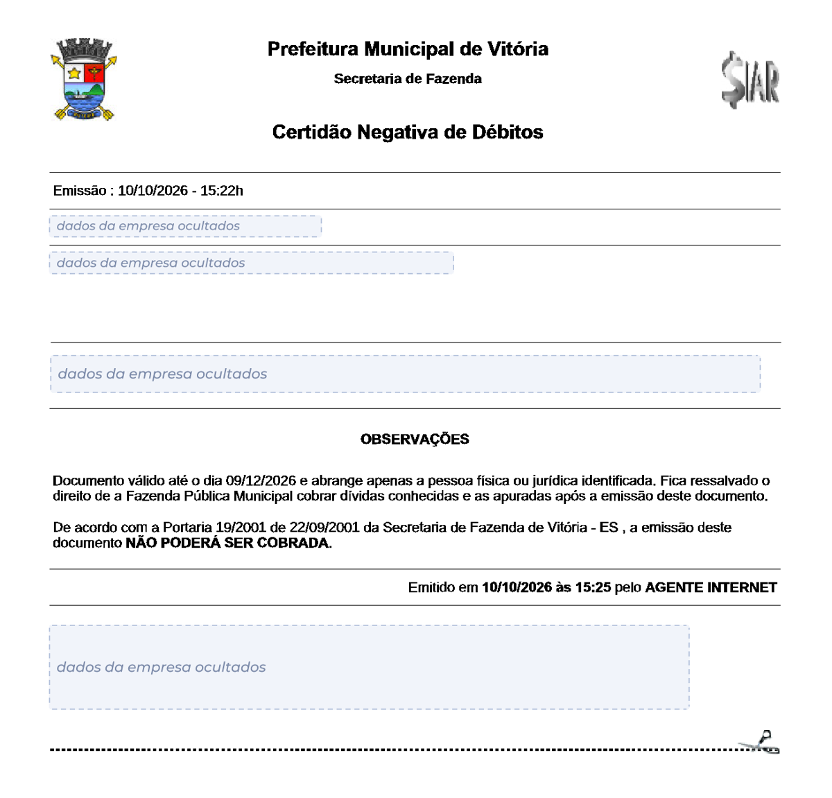 Modelo de Certidão Negativa de Débitos da Prefeitura de Vitória, com os dados da empresa ocultados