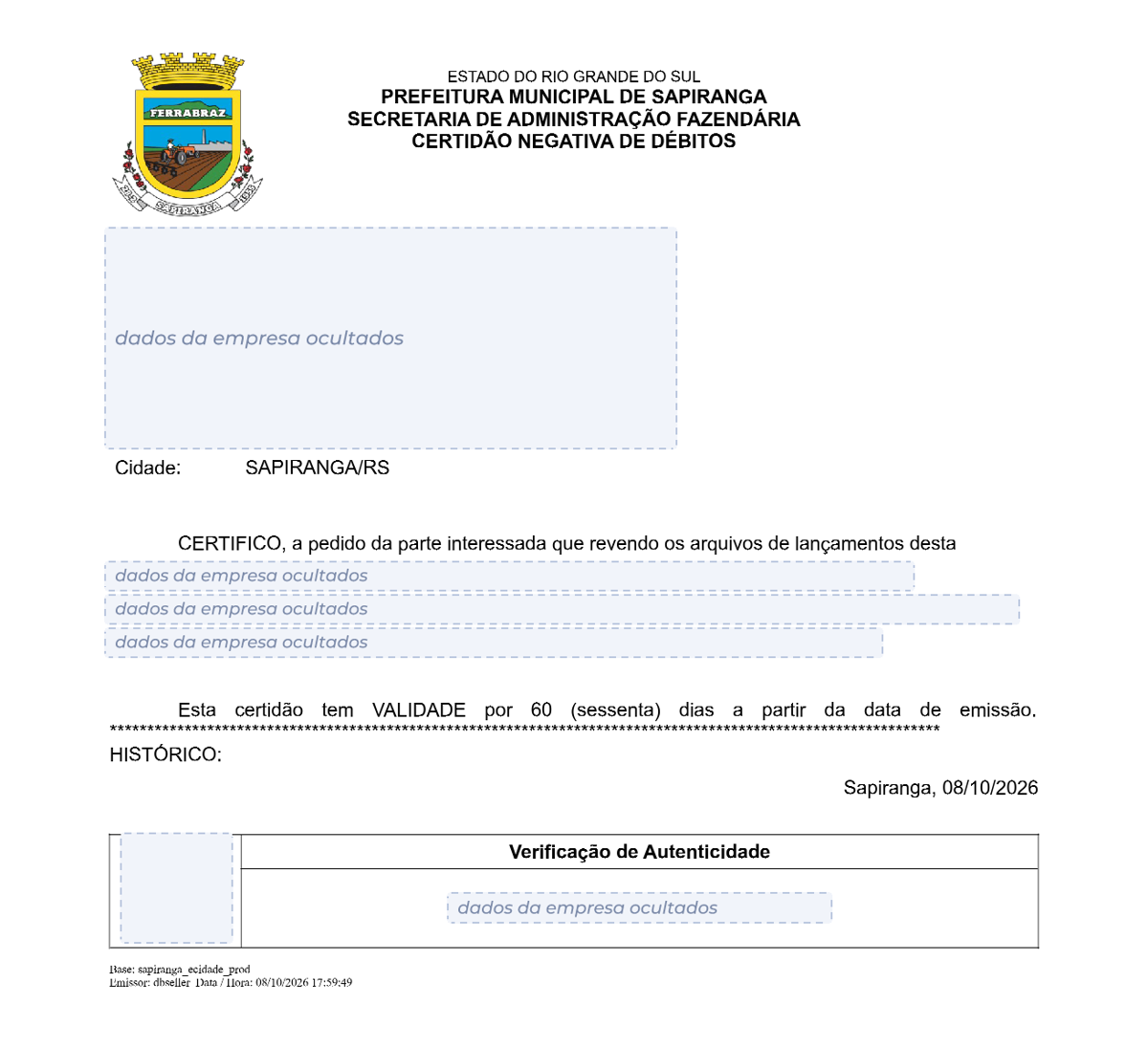 Modelo de Certidão Negativa de Débitos da Prefeitura de Sapiranga, com os dados da empresa ocultados