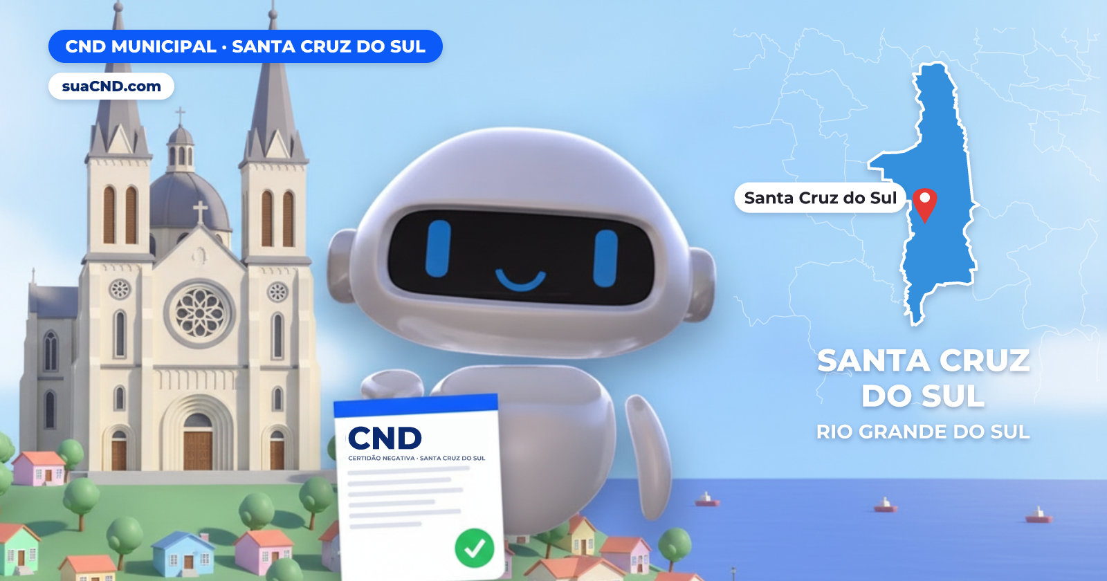 Mascote da suaCND segurando a CND Municipal de Santa Cruz do Sul, com o mapa de Santa Cruz do Sul e Catedral São João Batista, em Santa Cruz do Sul (RS) ao fundo
