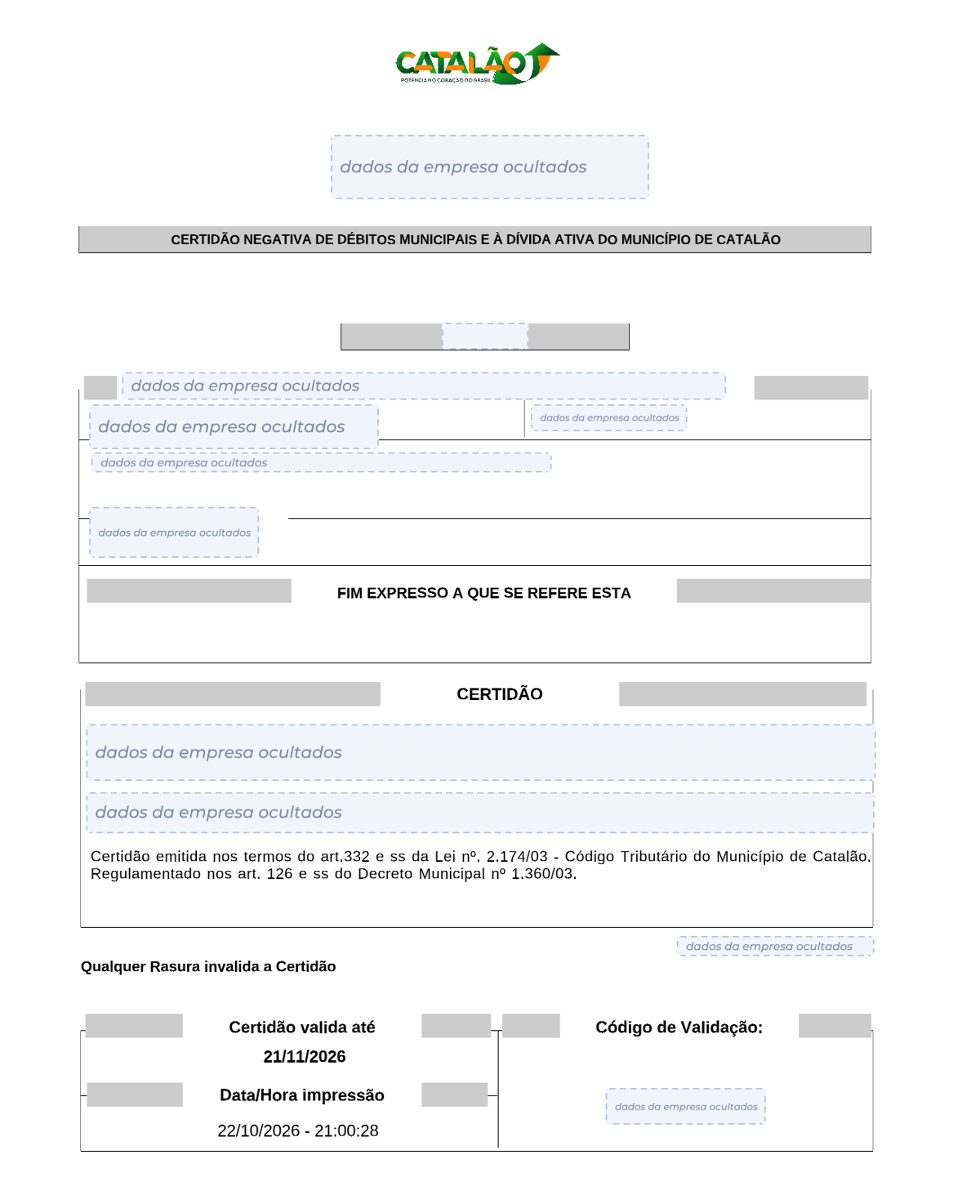 Modelo de Certidão Negativa de Débitos da Prefeitura de Catalão, com os dados da empresa ocultados