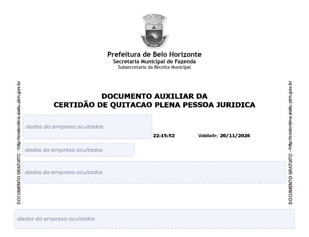 Modelo de Certidão Negativa de Débitos da Prefeitura de Belo Horizonte, com os dados da empresa ocultados