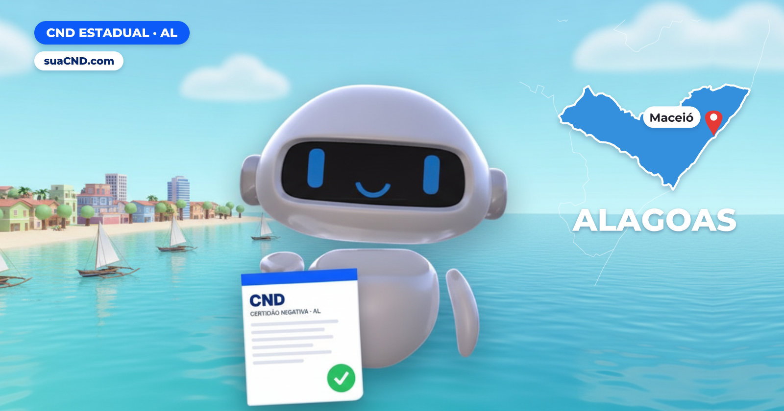 Mascote da suaCND segurando a CND Estadual, com o mapa de Alagoas e Piscinas naturais da Praia de Pajuçara, em Maceió ao fundo