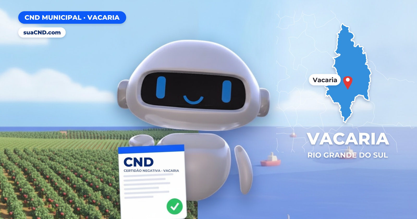 Mascote da suaCND segurando a CND Municipal de Vacaria, com o mapa de Vacaria e Pomar de macieiras nos campos de Vacaria (RS) ao fundo