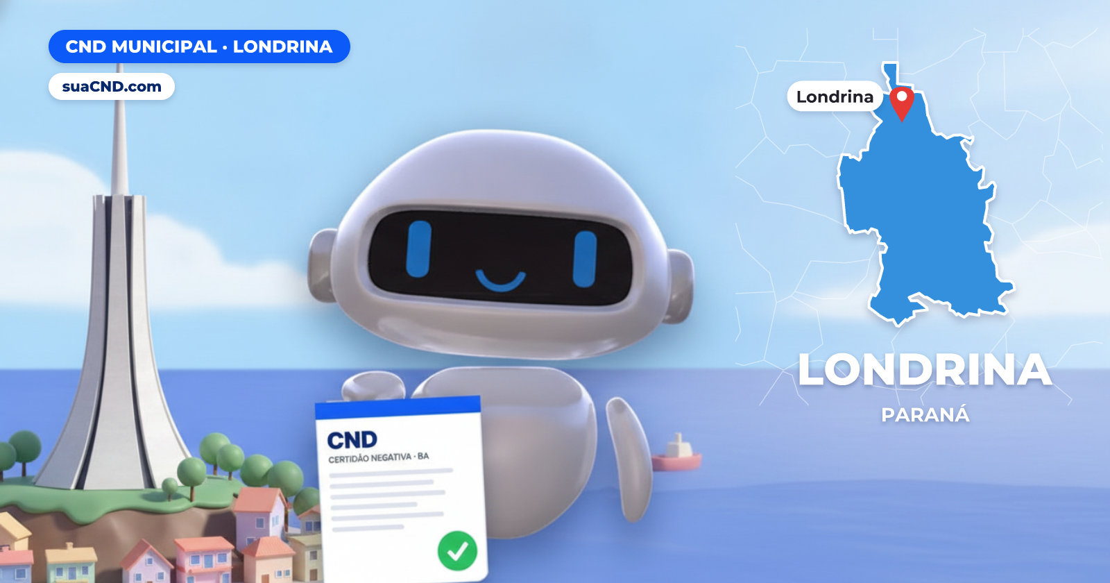 Mascote da suaCND segurando a CND Municipal de Londrina, com o mapa de Londrina e Catedral Metropolitana de Londrina ao fundo