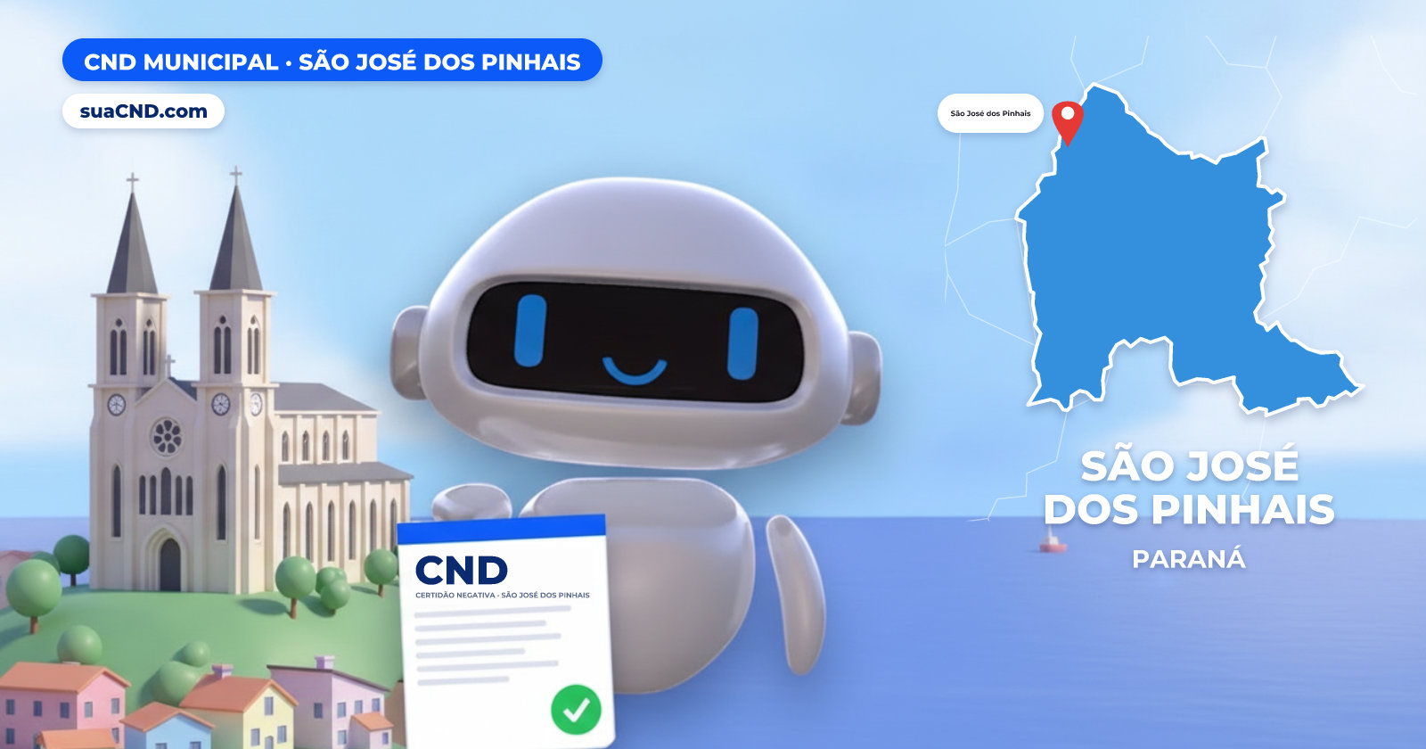 Mascote da suaCND segurando a CND Municipal de São José dos Pinhais, com o mapa de São José dos Pinhais e Catedral de São José (Igreja Matriz), na Praça 8 de Janeiro ao fundo