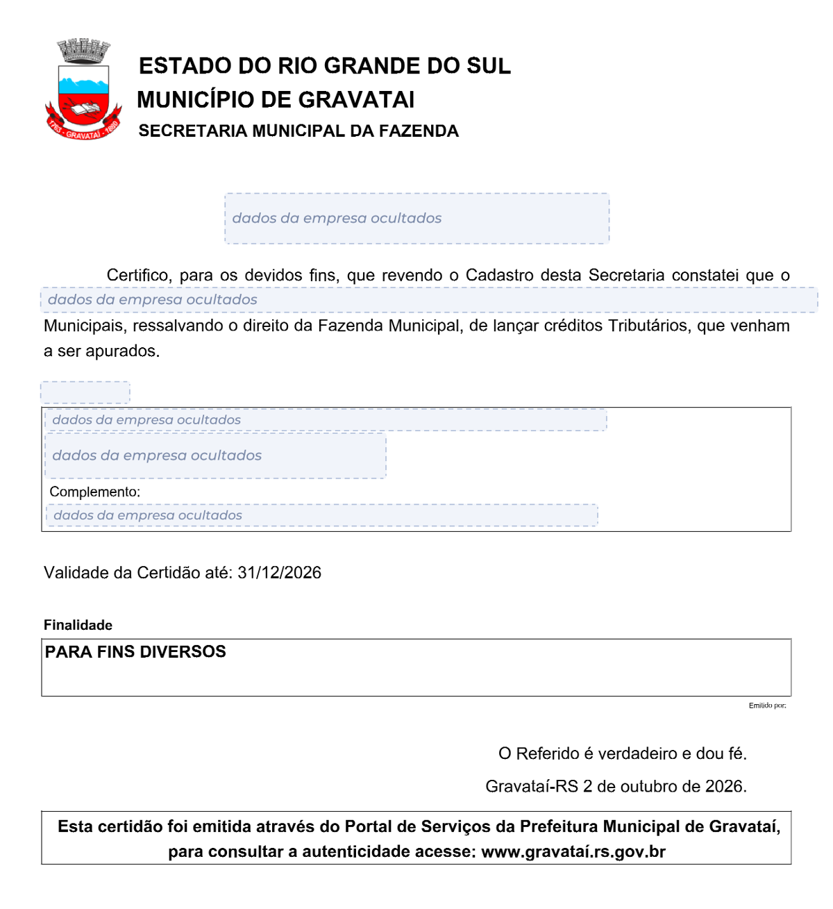 Modelo de Certidão Negativa de Débitos da Prefeitura de Gravataí, com os dados da empresa ocultados