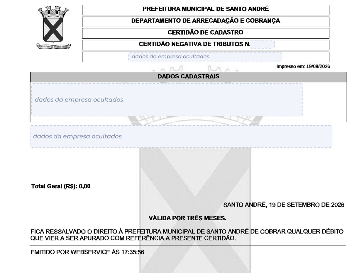Modelo de Certidão Negativa de Tributos da Prefeitura de Santo André, com os dados da empresa ocultados