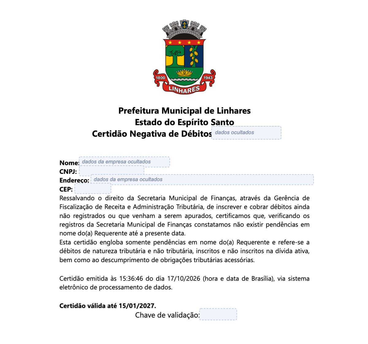 Modelo de Certidão Negativa de Débitos da Prefeitura de Linhares, com os dados da empresa ocultados