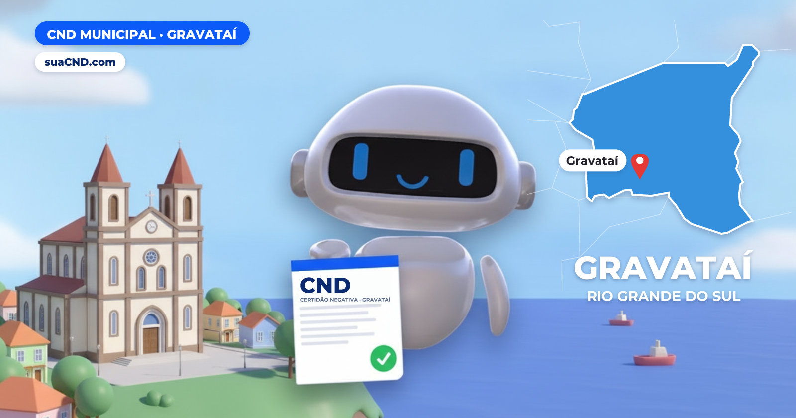 Mascote da suaCND segurando a CND Municipal de Gravataí, com o mapa de Gravataí e Igreja Matriz de Gravataí ao fundo