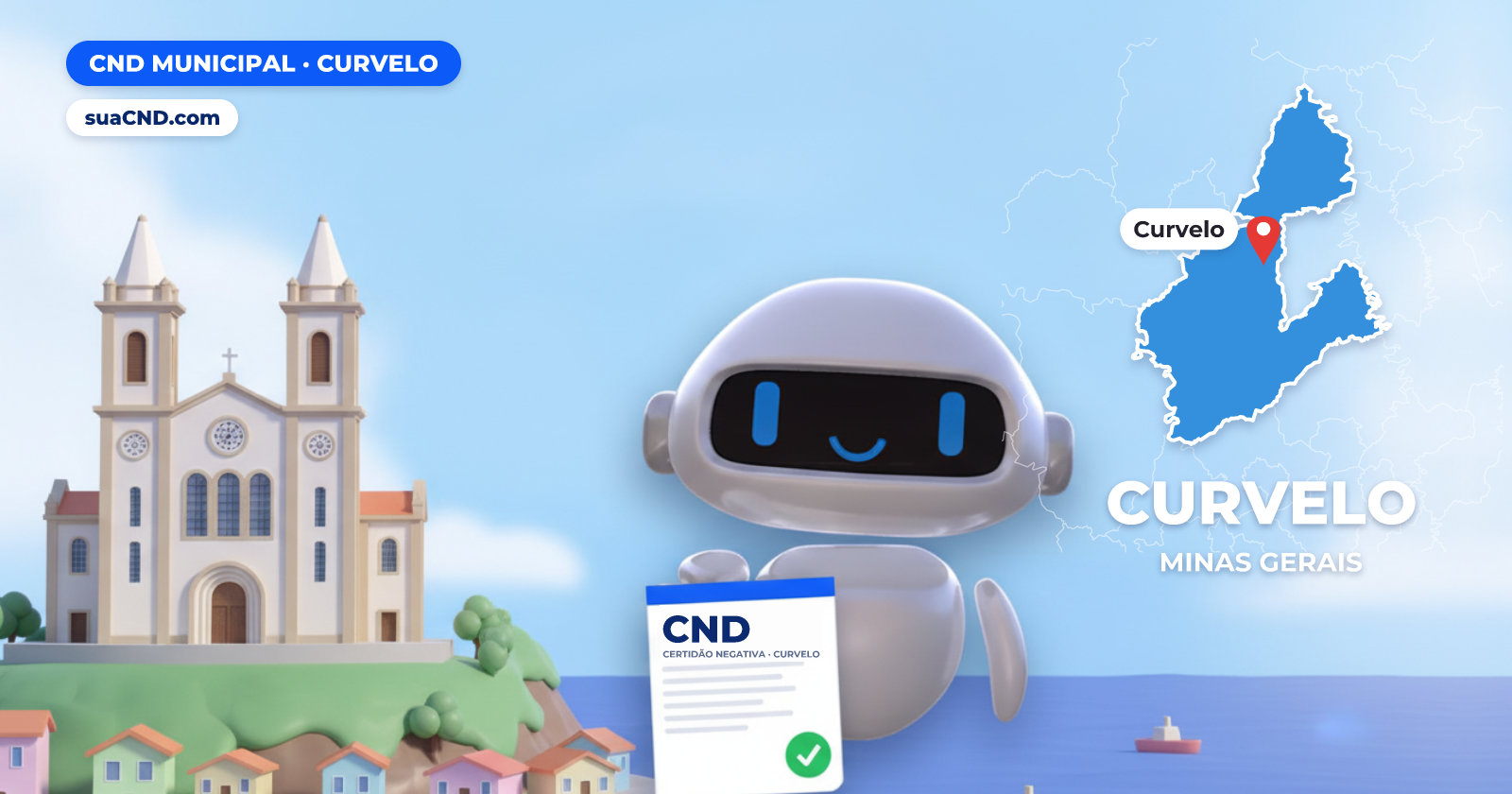 Mascote da suaCND segurando a CND Municipal de Curvelo, com o mapa de Curvelo e Basílica de São Geraldo, em Curvelo ao fundo