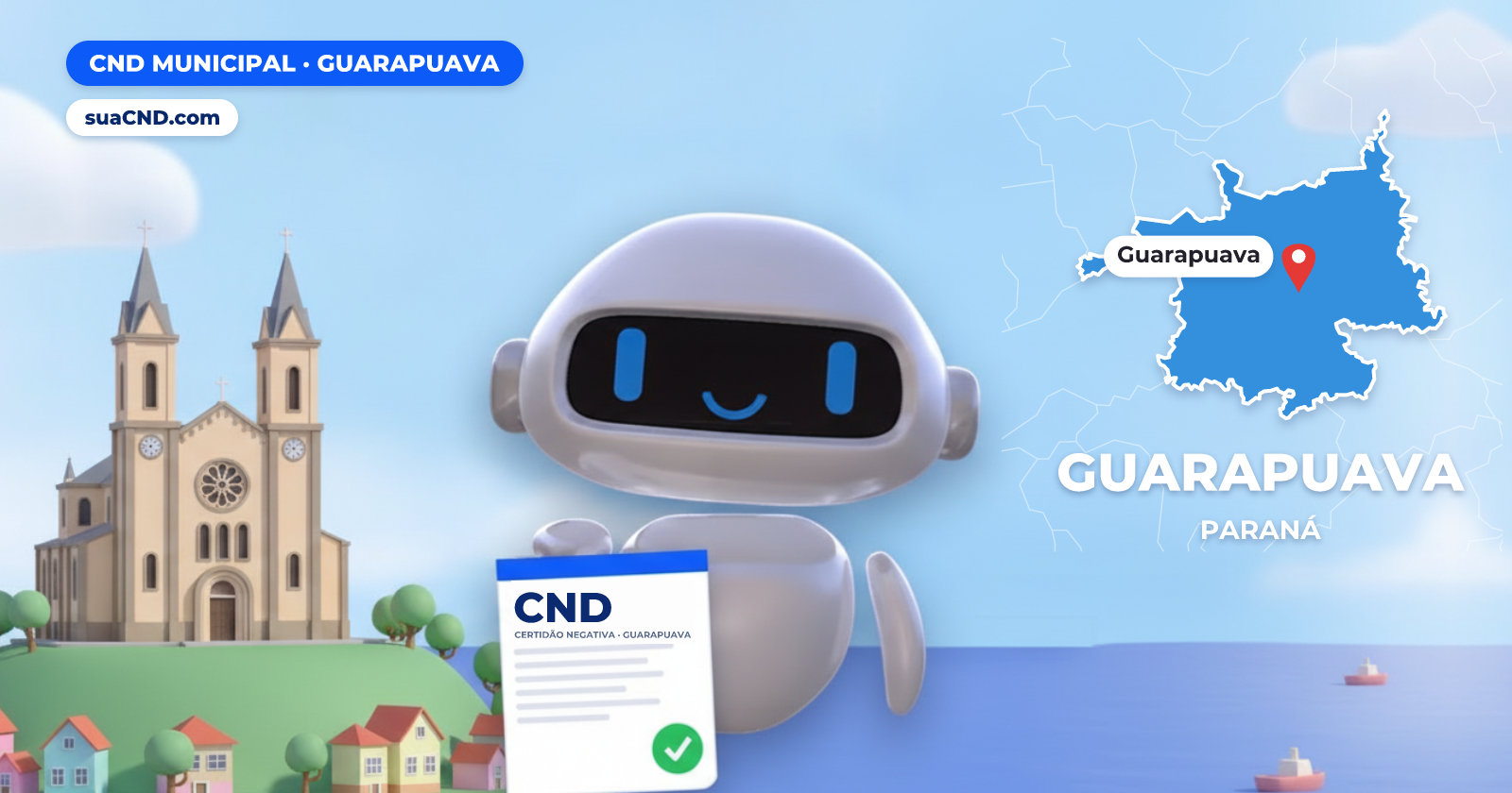 Mascote da suaCND segurando a CND Municipal de Guarapuava, com o mapa de Guarapuava e Catedral Nossa Senhora de Belém, Guarapuava (PR) ao fundo