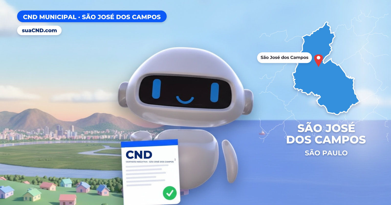 Mascote da suaCND segurando a CND Municipal de São José dos Campos, com o mapa de São José dos Campos e Banhado de São José dos Campos ao fundo