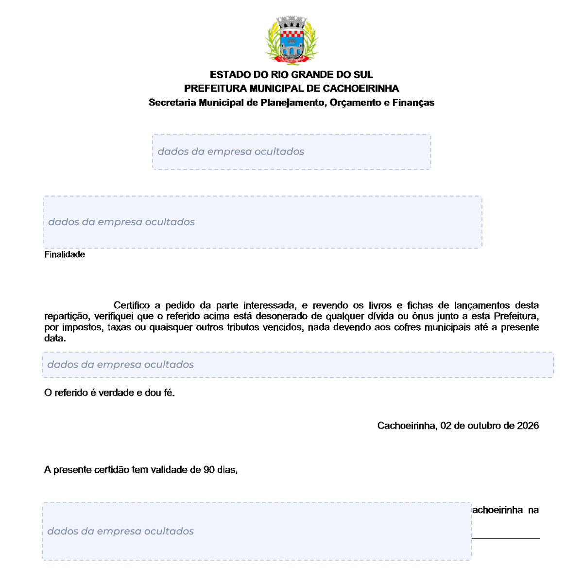 Modelo de Certidão Negativa de Débitos da Prefeitura de Cachoeirinha, com os dados da empresa ocultados