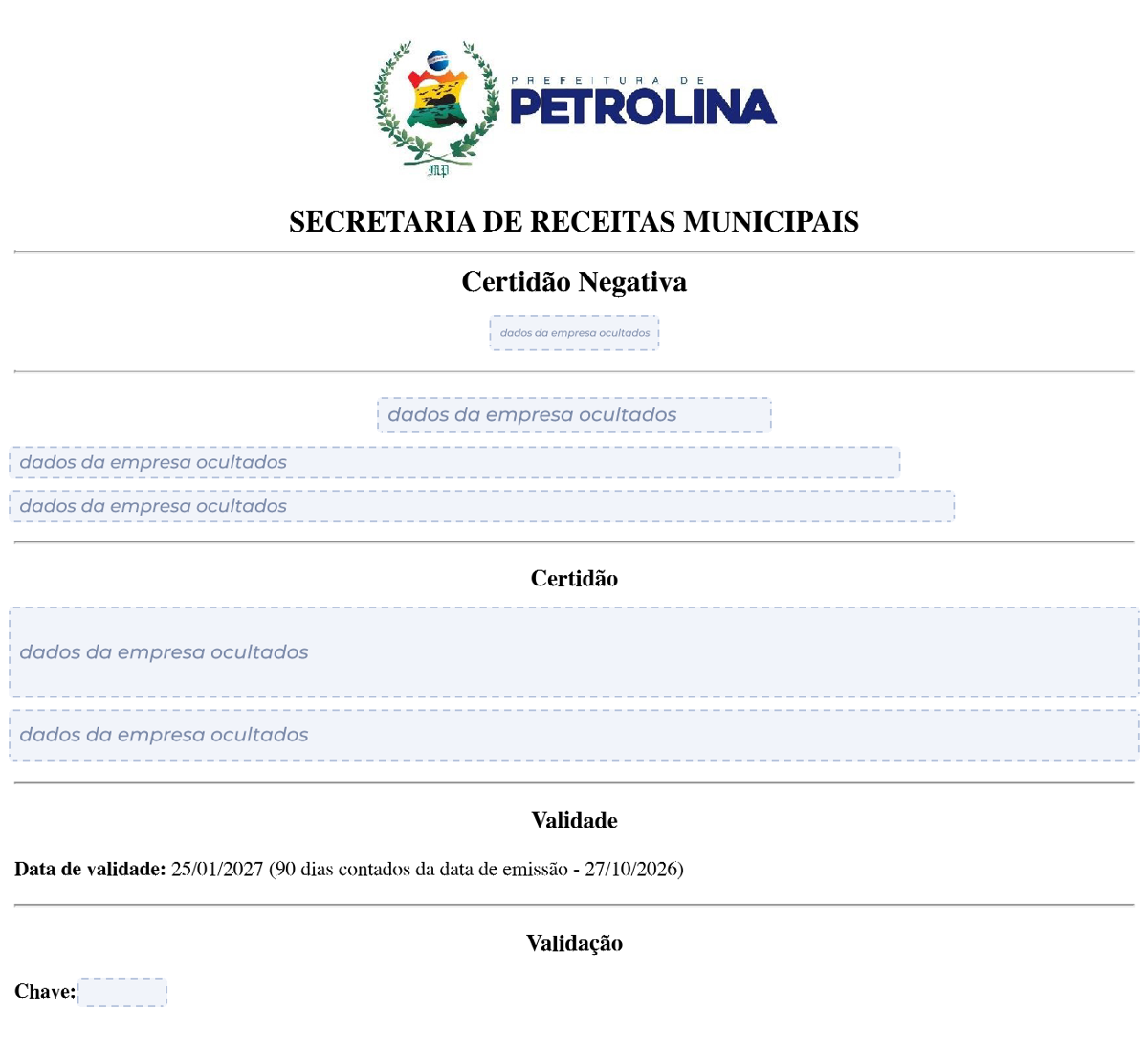 Modelo de Certidão Negativa de Débitos da Prefeitura de Petrolina, com os dados da empresa ocultados