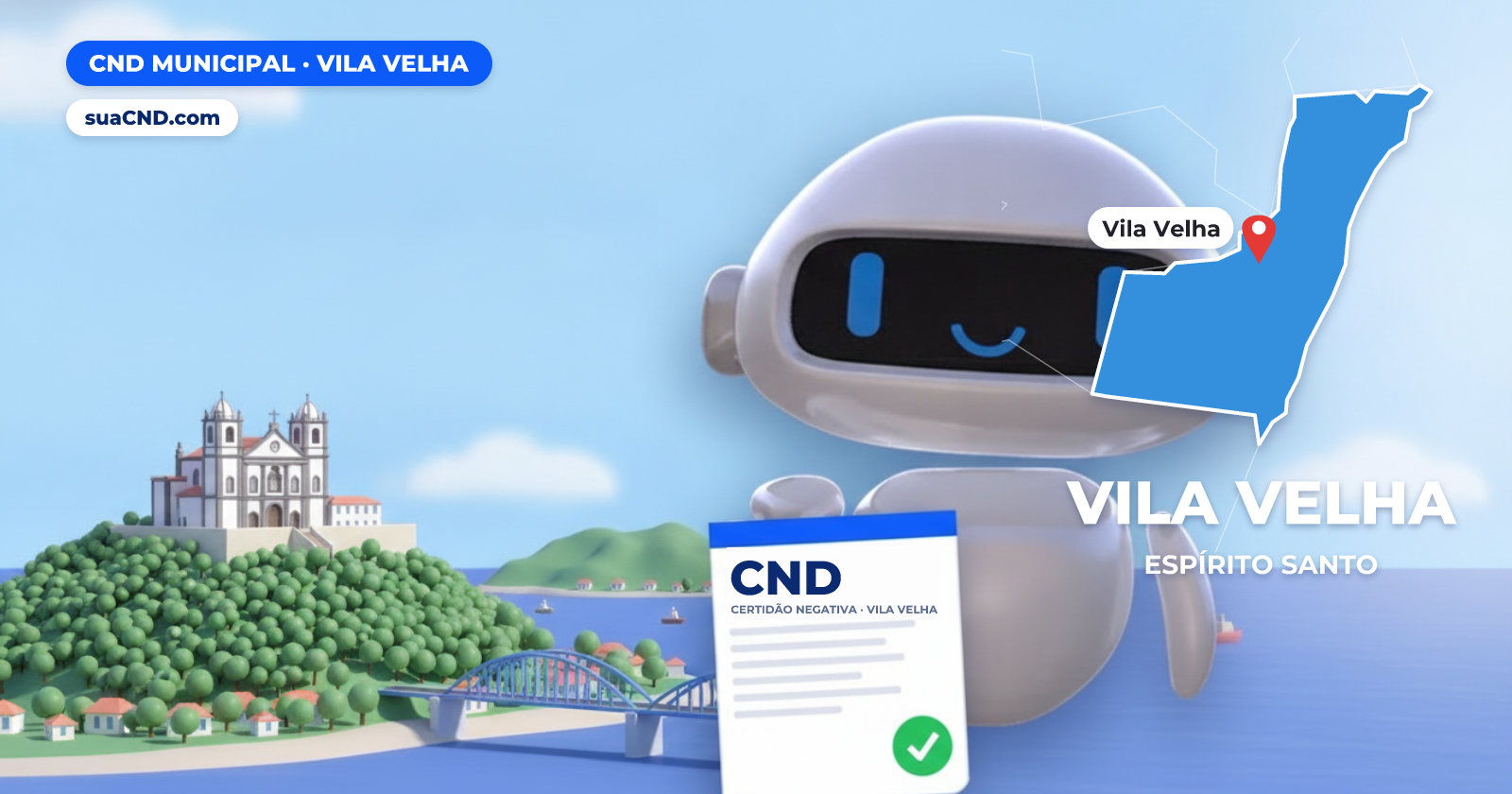 Mascote da suaCND segurando a CND Municipal de Vila Velha, com o mapa de Vila Velha e Convento da Penha, em Vila Velha ao fundo