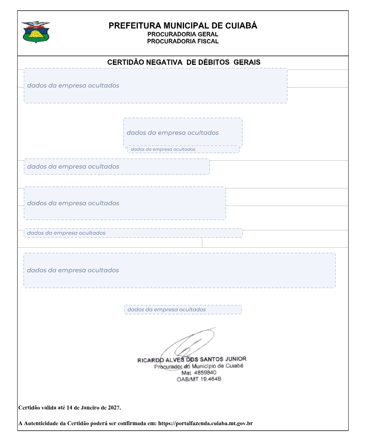 Modelo de Certidão Negativa de Débitos da Prefeitura de Cuiabá, com os dados da empresa ocultados