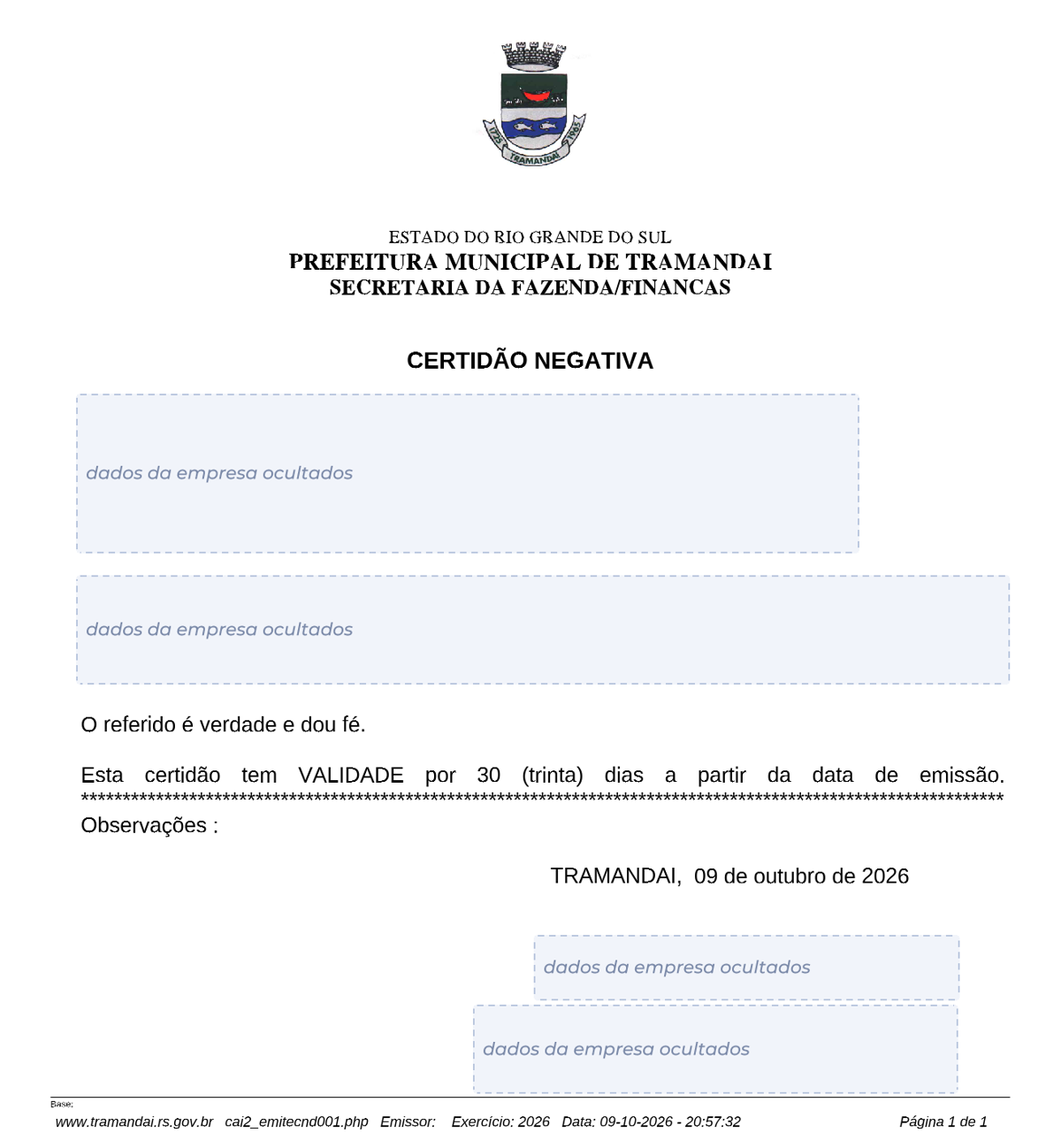 Modelo de Certidão Negativa de Débitos da Prefeitura de Tramandaí, com os dados da empresa ocultados