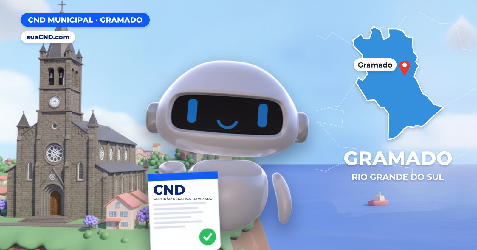Mascote da suaCND segurando a CND Municipal de Gramado, com o mapa de Gramado e Igreja Matriz São Pedro, em Gramado (RS) ao fundo