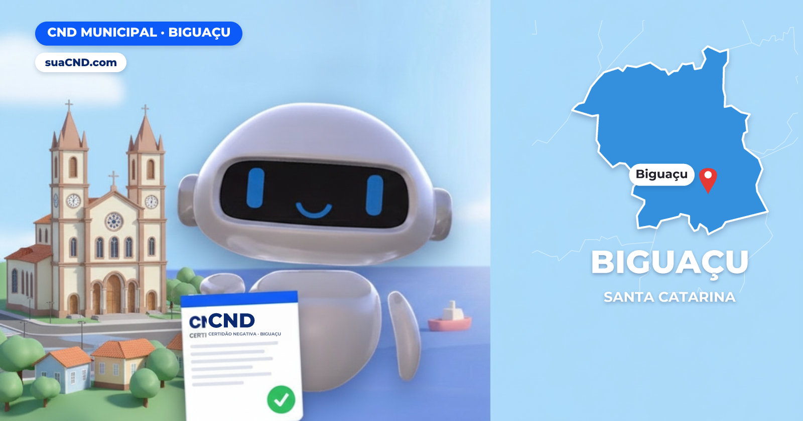 Mascote da suaCND segurando a CND Municipal de Biguaçu, com o mapa de Biguaçu e Igreja Matriz São João Evangelista, no centro de Biguaçu ao fundo