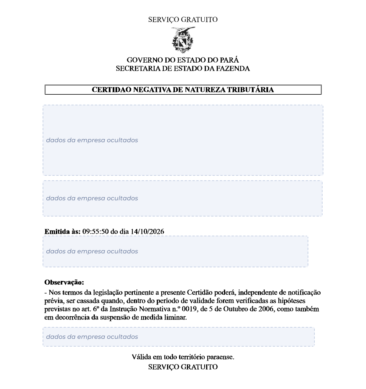 Modelo de Certidão Negativa de Débitos estaduais de Pará, com os dados da empresa ocultados