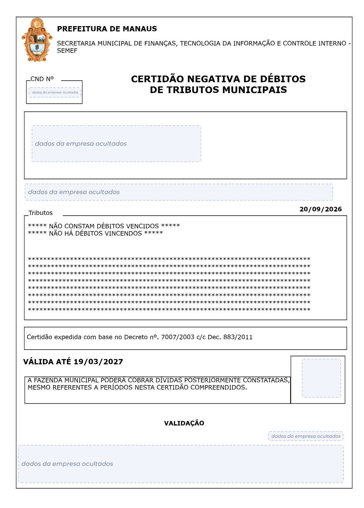 Modelo de Certidão Negativa de Débitos da Prefeitura de Manaus, com os dados da empresa ocultados
