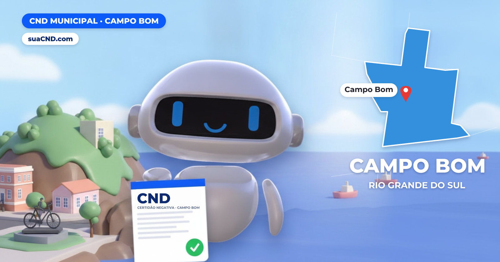 Mascote da suaCND segurando a CND Municipal de Campo Bom, com o mapa de Campo Bom e Largo Irmãos Vetter, com o monumento da bicicleta, em Campo Bom ao fundo