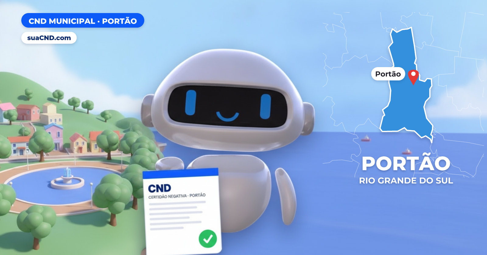Mascote da suaCND segurando a CND Municipal de Portão, com o mapa de Portão e Praça do Chafariz, no centro de Portão (RS) ao fundo