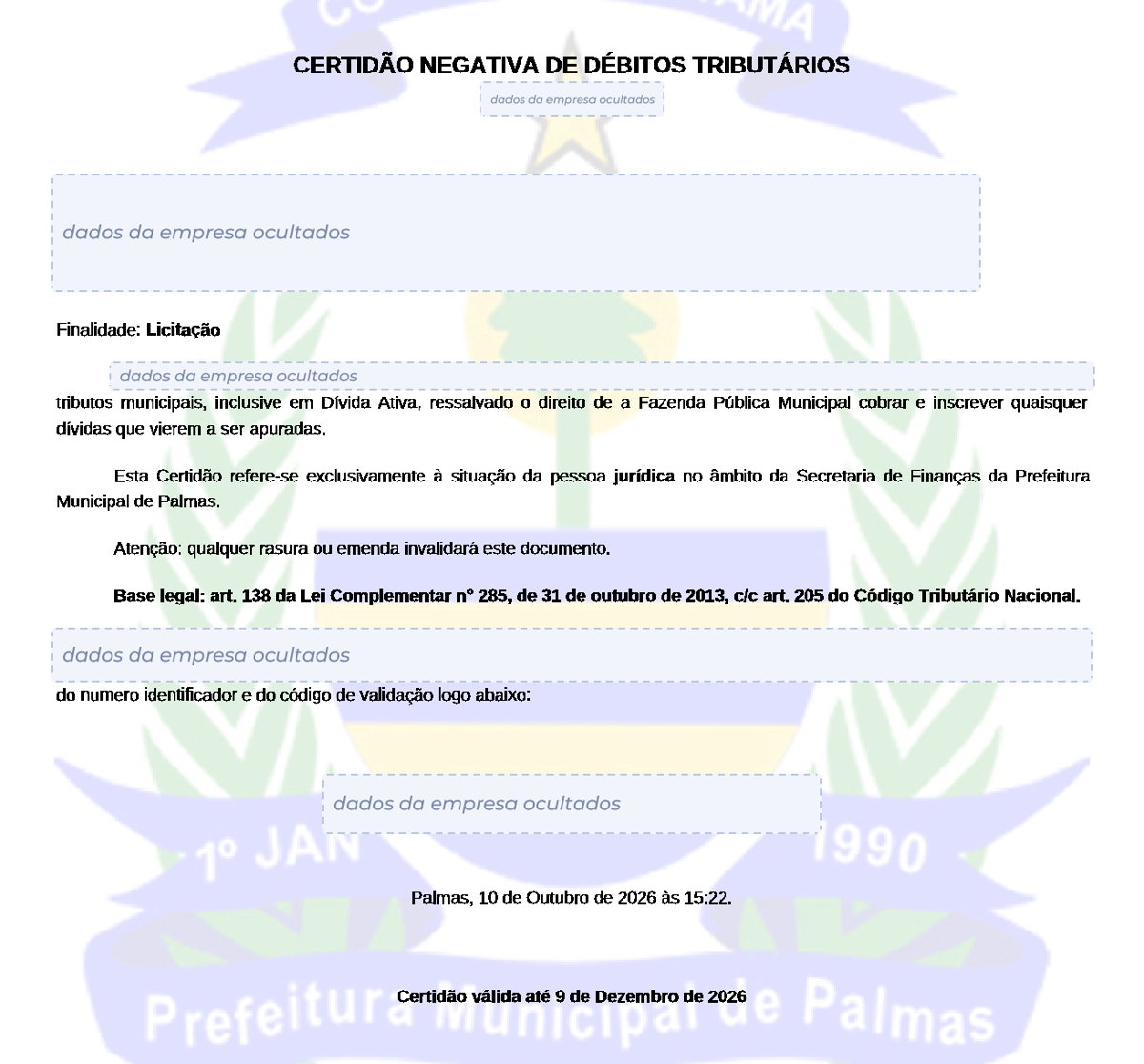 Modelo de Certidão Negativa de Débitos da Prefeitura de Palmas, com os dados da empresa ocultados