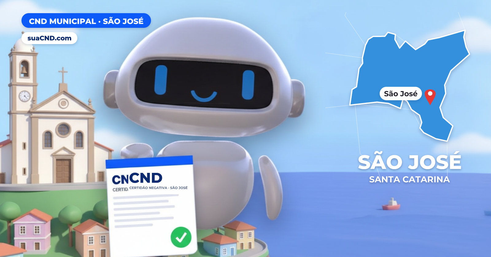 Mascote da suaCND segurando a CND Municipal de São José, com o mapa de São José e Igreja Matriz de São José, no Centro Histórico ao fundo