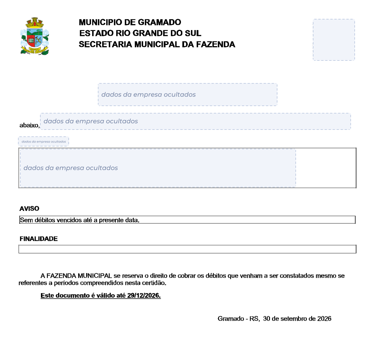 Modelo de Certidão Negativa de Débitos da Prefeitura de Gramado, com os dados da empresa ocultados