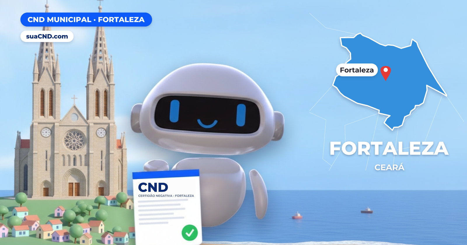 Mascote da suaCND segurando a CND Municipal de Fortaleza, com o mapa de Fortaleza e Catedral Metropolitana de Fortaleza (Catedral da Sé) ao fundo