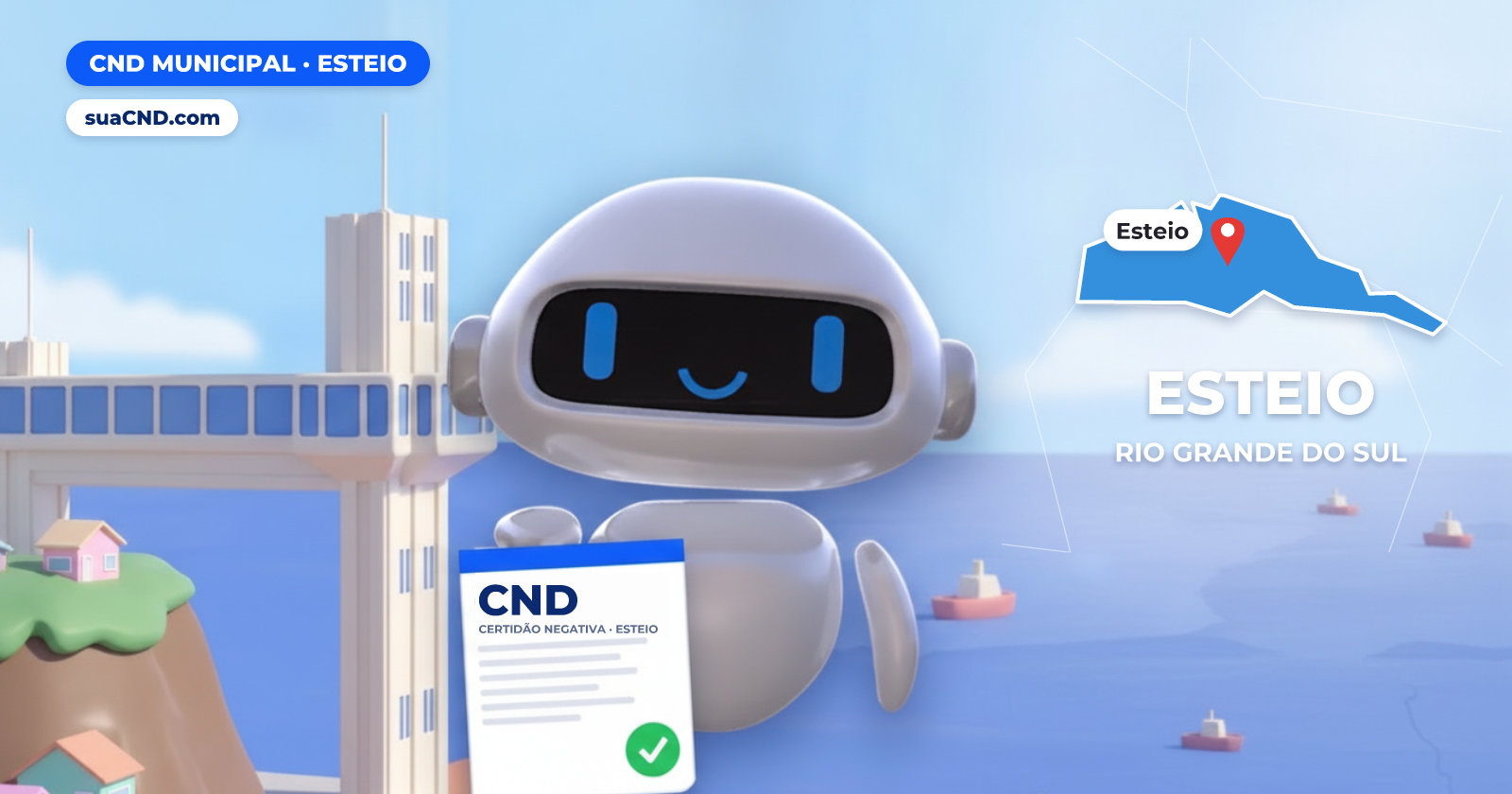 Mascote da suaCND segurando a CND Municipal de Esteio, com o mapa de Esteio e Parque de Exposições Assis Brasil, sede da Expointer ao fundo