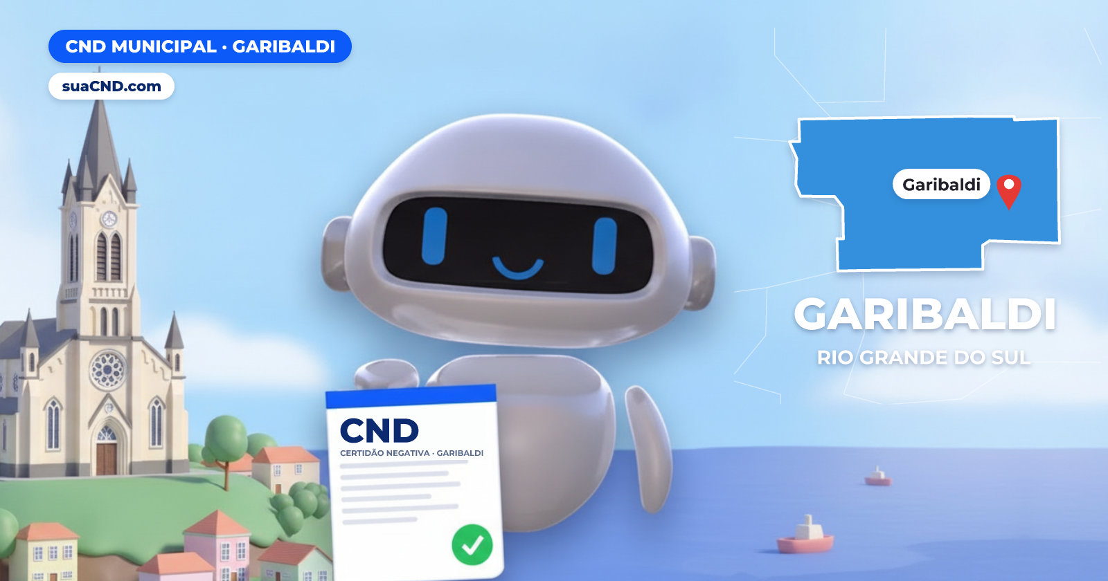 Mascote da suaCND segurando a CND Municipal de Garibaldi, com o mapa de Garibaldi e Igreja Matriz São Pedro, em Garibaldi (RS) ao fundo