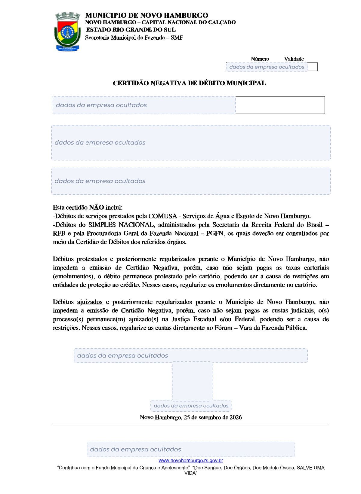 Modelo de Certidão Negativa de Débitos da Prefeitura de Novo Hamburgo, com os dados da empresa ocultados